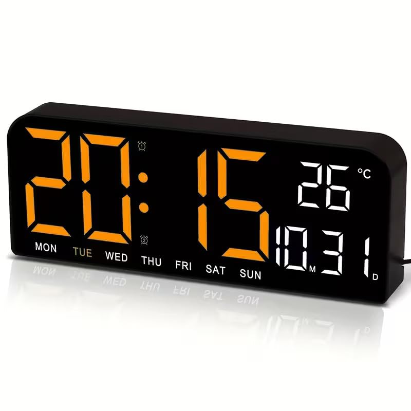 Image of EASEPRES Digital Wall & Table Clock with Dimmable LED Display (4 Levels), Dual Alarm, Temperature, Date & Day, Countdown Timer | Plug-in Modern Wall Clock for Home, Living Room & Office (Orange,10 inch)