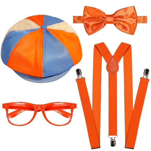 itswordpiz 4PCS Halloween Costume Accessories Set for Adults - Blue & Orange Hat Orange Suspender Bow-tie and Glasses for Men Women Themed Party Dress Up