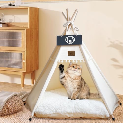Vinnypet Tipi Zelt fur Katzen und Hunde Haustierzelte Häuser mit Plüschkissen Luxery Hundezelt Katzenzelt Abnehmbar und Waschbar Katzenhaus Haustierhäuser 50x50x60cm