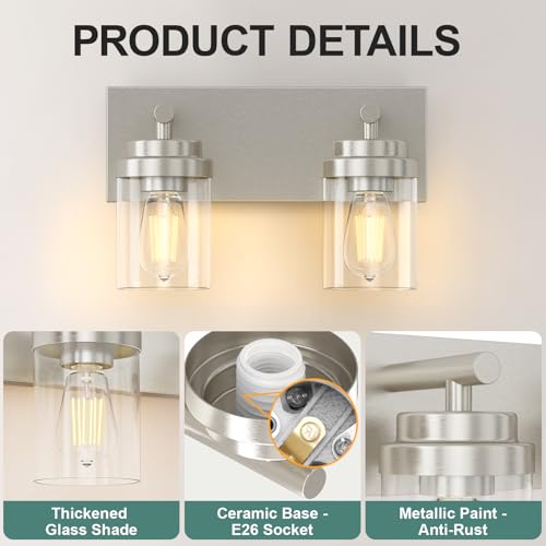 Image of IZORRO Bathroom Vanity Light Fixture, 2-Light 15 Inch Brushed Nickel Bathroom Light Fixtures Over Mirror, with Clear Glass Shade, Modern Farmhouse Vanity Lights, Rustic Restroom Lighting Fixtures