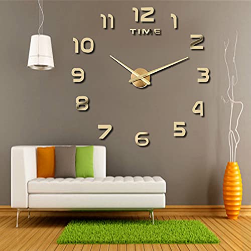 THIDARGO 3D DIY Wall Clock Arabic Numerals Clock Frameless Mirror Surface Wall Sticker Home Decor for Living Room Bedroom(Not Including Battery) (19-27 Inch, Golden)
