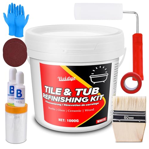 Tub and Tile Refinishing Kit, 1000g Tub Refinishing Kit with Complete Tools and Hardener, Ceramic Tile Paint for Bathtub, Countertop, Sink, Floor, Wall, Kitchen, Gloss White, Waterproof ＆ Voc Free