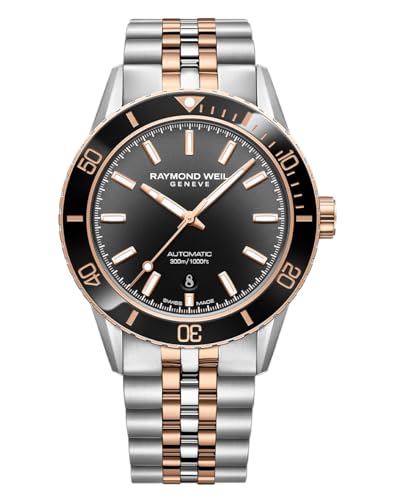 RAYMOND WEIL Freelancer Diver Men's Automatic Watch, Black Dial with Indexes, Two-Tone Stainless Steel Bracelet, 42.5 mm (Model: 2775-S51-20051)