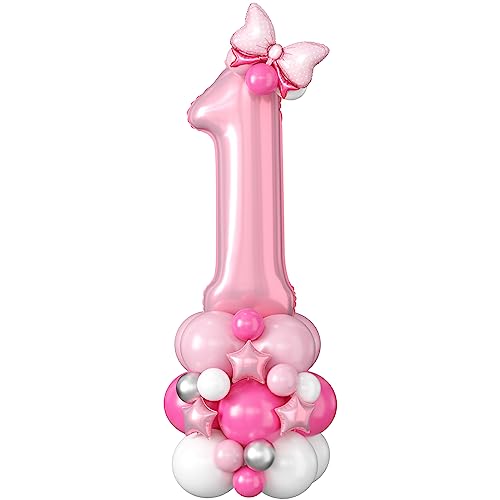 Image of 40 Inch Pink Number 1 Balloon Tower 1st Birthday Decorations for Girls | Large Pastel Baby Pink White Number One Foil Balloons Stack Fun To Be 1 Year Old Princess First Birthday Party Decorations
