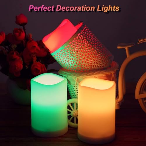 Image of LED Flickering Flameless Candles with Color Changing, Remote Control and Auto-Off Timer, 100 Hours Working Time, Battery-Operated.Multi-Color(Multi-Colored, 4(h)*2.5(d) in 3 Pack)