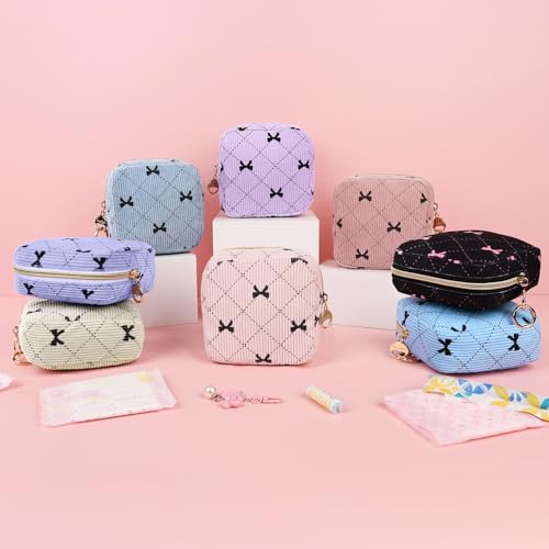 Image of Period Bag for Girls, Corduroy Sanitary Napkin Pouch, B-Purple | Bow Menstrual Pad Pouches Tampon Holder for Purse, Period Pouches with Keychain for Sanitary Napkin, Menstrual Cup, Tampo