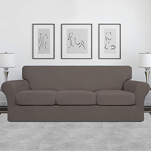 Image of Easy-Going 4 Pieces Stretch Soft Couch Cover for Dogs - Washable Sofa Slipcover for 3 Separate Cushion Couch - Elastic Furniture Protector for Pets, Kids (Sofa, Taupe, Large) | Sofa Slipcover for Stretch 3 Separate Sectional Cushion Couch - Furniture Protector for Pets, Kids Taupe