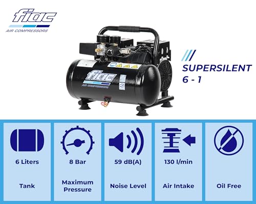 FIAC Draagbare luchtcompressor Supersilent 6, olievrij, maximale druk 8 bar, 1 pk, tank 6 liter, geluidsniveau 58 dB LpA - Afbeelding 3