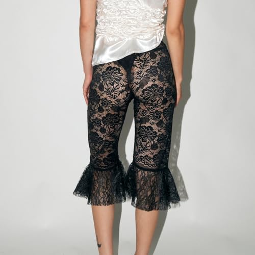 Image of Women Sheer Floral Lace Leggings Capris Y2K See Through Knee Length Tights Thigh High Stockings