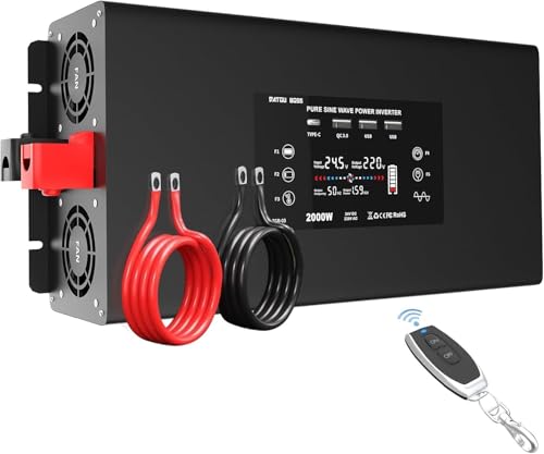 DATOUBOSS Wechselrichter 2000W 24V auf 230V Reiner Sinuswelle 4000W Spitze Spannungswandler mit 2 AC-Steckdosen & 4 USB (1x QC3.0 1x USB-C 2X USB) Fernbedienung & LCD für Wohnmobil Kfz Solar