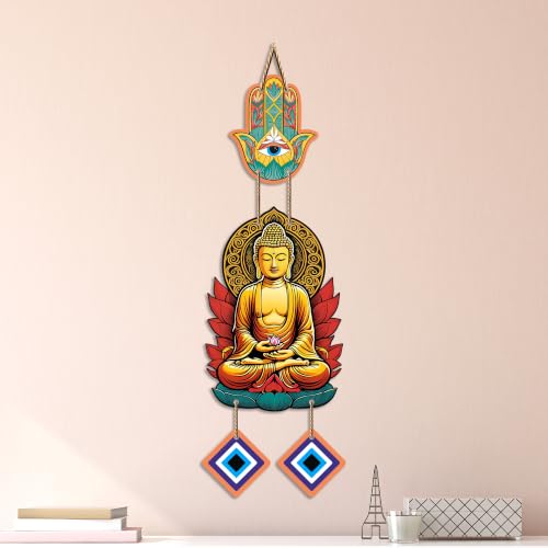 Image of Artvibes Golden Buddha Wall Hanging with Hamsa Hand and Evil Eye Charms | Spiritual Protection Decor for Home | Meditation | Yoga Spaces & Entryway | Positive Energy Wall Art Gift (WH 8594N)