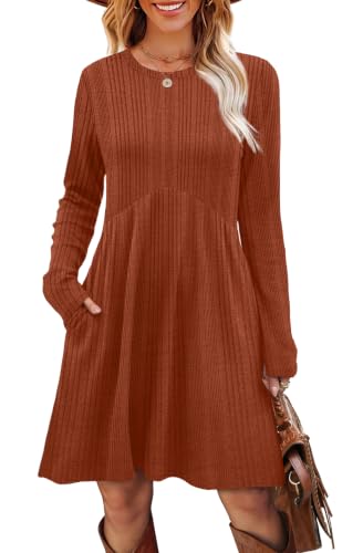 Image of OFEEFAN Long Sleeve Dress for Women Crew Neck Empire Waist Tunic Dress with Pockets