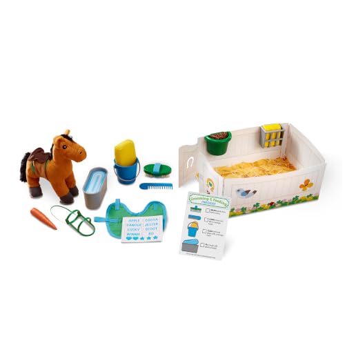 Image of Melissa & Doug Feed & Groom Horse Care Play Set and Plush Toy | 23 Piece Set, Plush Horse, Saddle, Grooming Accessories and Care Checklist, Pretend Play, Preschool Toys for Kids, Ages 3+