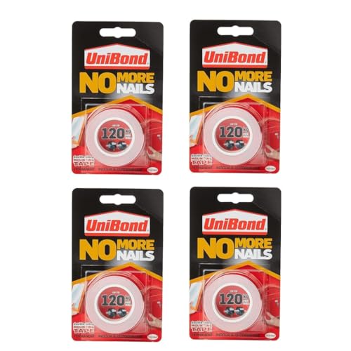 Image of Unibond No More Nails On A Roll, Double-Sided Tape for Reliable Instant Bonding, Multipurpose Adhesive Tape, Adhesive Strips for Indoor /Outdoor Use, 19mm x 1.5m Roll(pack of 4)