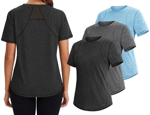 Gyabnw Pack de 3 Camiseta Deportiva Mujer Cuello V Secado Rápido