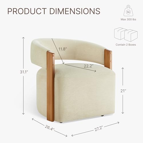 Image of KISLOT Upholstered Dining Chairs Set of 2, Modern Rolling Dining Chairs with Hidden Casters, Wooden Arm Kitchen Chairs with Linen Look Fabric, Padded Barrel Chairs for Dining Room, Kitchen, Sand