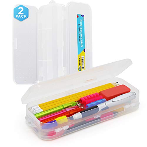 Emraw Double Deck Divided Storage Box Durable Polypropylene Plastic Pencil Box with Lid Latch Closure Clear School Box for School Supplies or Arts Crafts (Pack of 2)