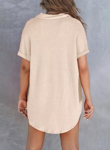 Astylish Women Waffle Knit Tops Henley Shirts Short Sleeve V Neck Solid Color Casual Tunic3