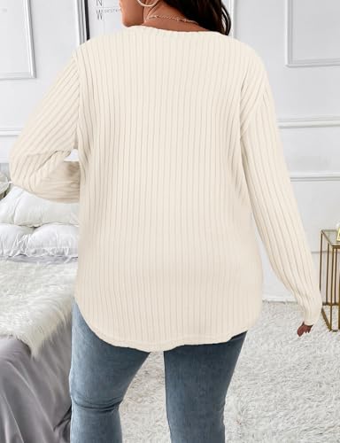 Image of Koscacy Women Plus Size Casual Knit Sweater V Neck Solid Color Tops Lightweight Long Sleeve Blouses