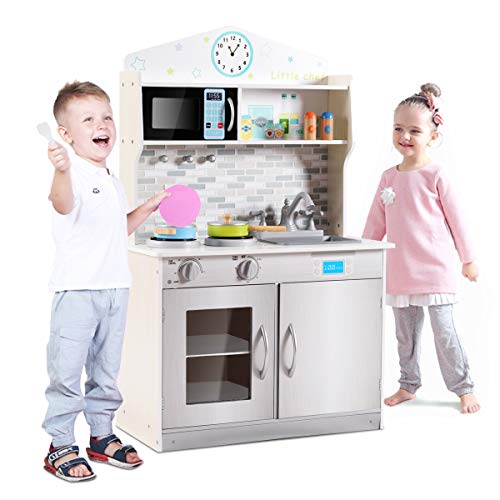 Cocina De Barro De Madera COSTWAY | Con Ruedas Y Fregadero Para Niños 3-7 Años
