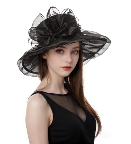 Litter Star Womens Elegant Organza Black Derby Fascinator Hat for Church Tea Party Weddings & Outdoor Events (Hat1-Black)