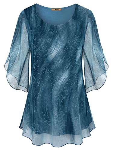Miusey Womens Blouses And Tops Dressy Tunic Tops 3/4 Sleeve Boat Neck Business Casual Tops Loose Fit Tummy Coverage Tops For Women For Evening Party Casual Layered Shirts Blue Cyan 2Xl #TOP1