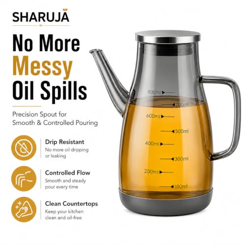 Image of Glass Oil Dispenser Bottle, Anti-Drip Spout, Leakproof Borosilicate Glass Oil Container with Measurement Markings for Kitchen, Olive Oil, Vinegar & Cooking (800, Milliliters)