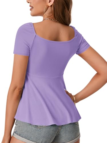Image of Rooscier Women's Ribbed Knit Sweetheart Neck Tops Cute Drawstring Ruffle Short Sleeve T Shirts
