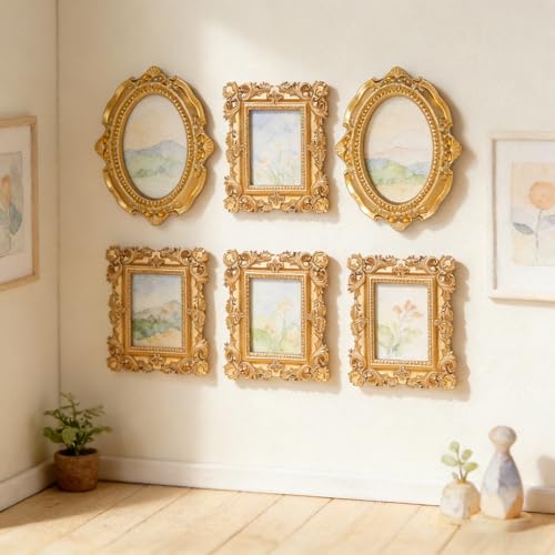 Image of 6 Pcs Mini Frames, Vintage Gold Small Picture Frames Antique Resin Photo Frame for DIY Craft Galley Wall Hanging Jewelry Display Shooting Photo Props Christmas Decor (Without Backings)