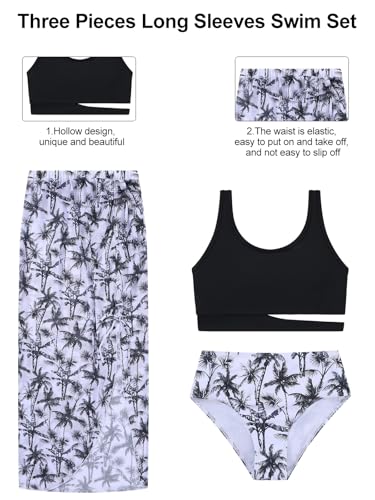 Image of URMAGIC Girls Swimsuit Bikini Set 3 Piece Bathing Suit Tropical Floral Swimwear with Cover Up Skirt 9-16Y