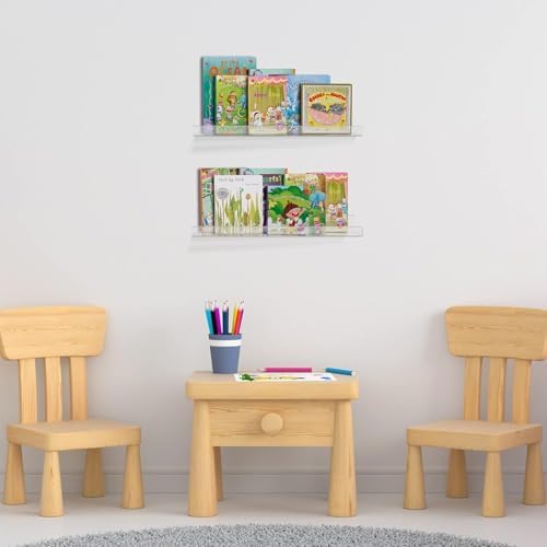 Image of Acrylic Shelves for Wall Storage, 15 inch Floating Bookshelves for Kids, Display Shelf Organizer for Bathroom, Bedroom, Living Room, Kitchen, Room Decor, Clear (2)