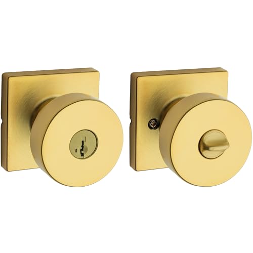 Image of Kwikset Pismo Entry Door Knob with Lock and Key, Secure Keyed Handle Exterior Doorknob, Front Entrance and Bedroom, Satin Brass, Square, Pick Resistant SmartKey Rekey Security