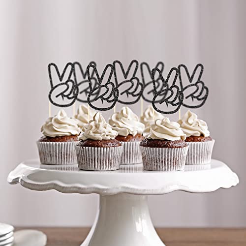 24 Pieces Peace Sign Hand Cupcake Toppers Peacekeeper Cupcake Picks Glitter Peace Sign Cake Topper Hand Peace Sign Cake Decoration For 2Nd Birthday Peace Themed Party Anniversary Supplies (Black) #TOP3