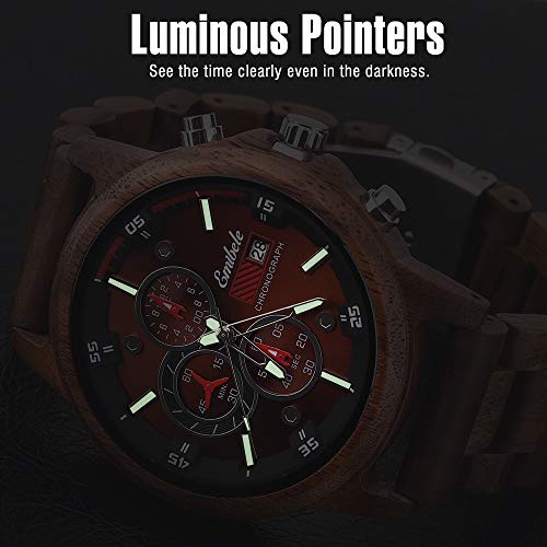 Emibele Wooden Watch For Men, Date Display Chronograph Quartz Wrist Watch, 3 Sub-Dials Handmade Light Weight Luminous Watch - Walnut #TOP3