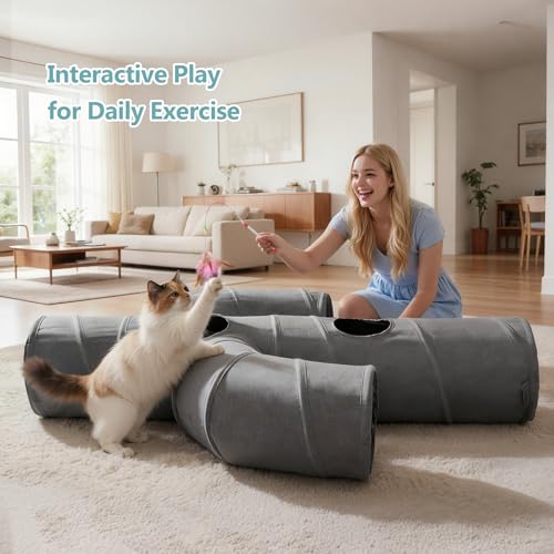 Image of Ownpets Cat Tunnel Large 12 inch Diameter Sturdy Oxford Fabric Cat Tunnel Toy, Cactus Shape Collapsible Cat Tunnels for Indoor Cats,Interactive Peek Hole Pet Tunnel Tube with Cat Wand Toy