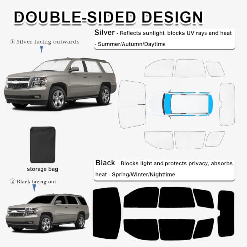 Image of KMF 8pcs Sun Shades for Chevy Tahoe 2015-2020 Accessories,Chevrolet Full Car Window Covers Sunshade for Windshield Side Rear, Thicken UV Block and Privacy Blackout for Car Camping Outdoor