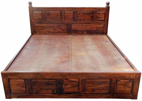 Image of Sheesham Wood King Size Bed with Storage Box | Wooden Box Bed King Size Double Cot Bed with Storage for Bedroom | Premium Lattu Design Headboard Bed for Hotel, Home | Dark Red Mogin
