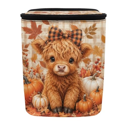 Image of Talayituse Fall Highland Cow Pumpkin Print Car Trash Can Portable Auto Garbage Bin Multifunctional Vehicle Interior Accessories with Adjustable Straps Universal Fit Truck SUV Sedan Autumn Decor
