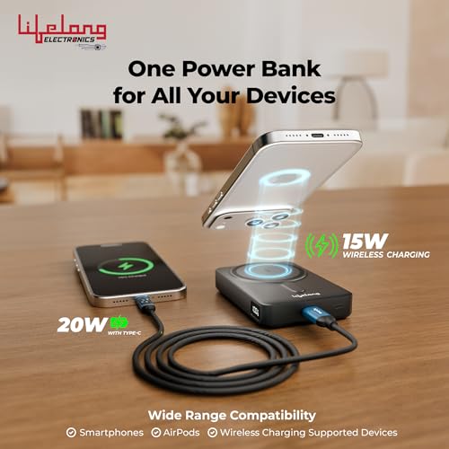 Image of Lifelong Electronics 10000mAh MagSafe Wireless Power Bank | Powerbank for iPhone & Apple AirPods | Works as Mobile Phone Stand | Supports Wired Fast Charging | Has Metal Stand, Battery Display & Cable