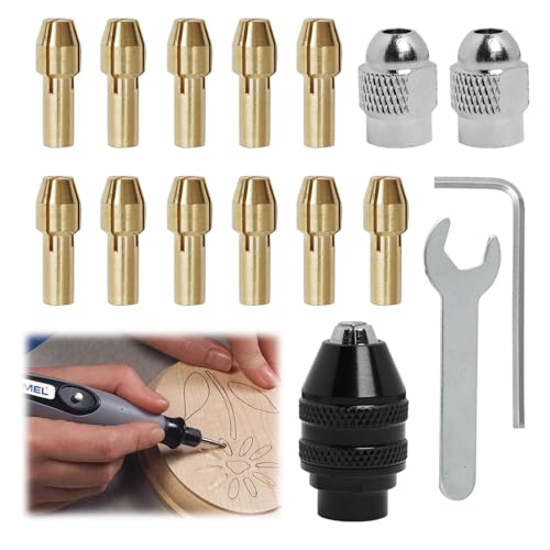 16 Piezas Portabrocas Compatible con Dremel, Portabrocas para Herramienta Rotativa, Cambio Rápido 0,8-3,2 mm, Portabrocas de Latón Precisión, Sustituye 4485 Portabrocas de Latón y Tuercas de Metal