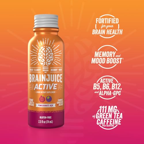 Image of BrainJuice Brain Support Shot, Gluten Free Supplement Shots for Energy & Focus, Healthy Drinks with Alpha GPC, Vitamin B, 2.5 fl oz, 12 Pack (Active Pomegranate Acai)