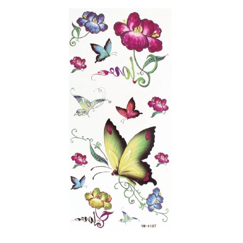 FOREVER YUNG Green Yellow Butterflies Florals Printed Temporary Transfer Tattoos Stickers
