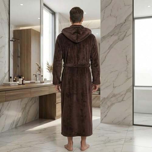 Image of FashGudim Mens Robes Big and Tall with Hood Two-Tone Flannel Fleece Contrast Bathrobe Full Length Plush Long Robe House Coat