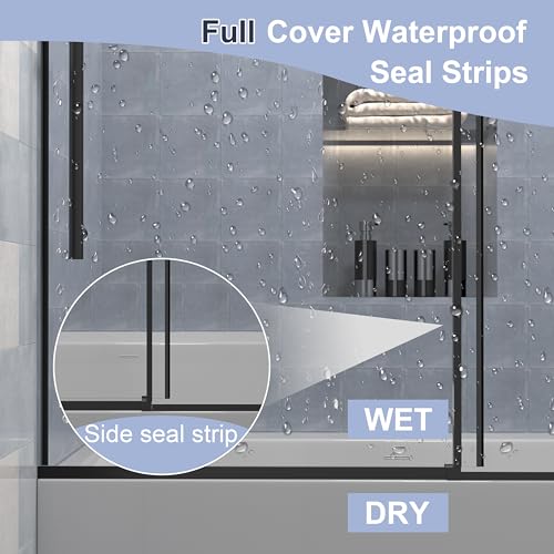 KPUY Bathtub Shower Door, 56-60\" W x 58\" H Sliding Shower Door for Bathtub, 1/4\" (6mm) Thick Tempered Clear Glass with Explosion-Proof Film Nano Coating in Matte Black Finish - Thumbnail 2