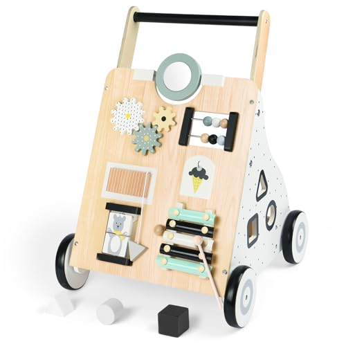 Aolso Trotteur en bois avec roulettes, 2-en-1Chariot Multi-Activités en Bois, Motricité, Développement cognitif, Design naturel confortable, Apprentissage...