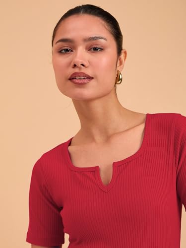 Image of barcino Beige Ribbed V-Neck Short Sleeves Top