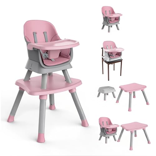 Minikins 7 in 1 High Chair Convertible High Chairs for Babies and Toddlers Infant Dining Booster Seat Table and Seat Set Removable Tray Pink