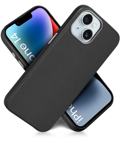 Image of WOW IMAGINE Back Cover for iPhone 13 | iPhone 14 | Shockproof Tough Leather Texture Hard Mobile Case | Ultra Slim Non-Slip Grip | Inner Velvet Fabric | Metal Camera Ring (Black)