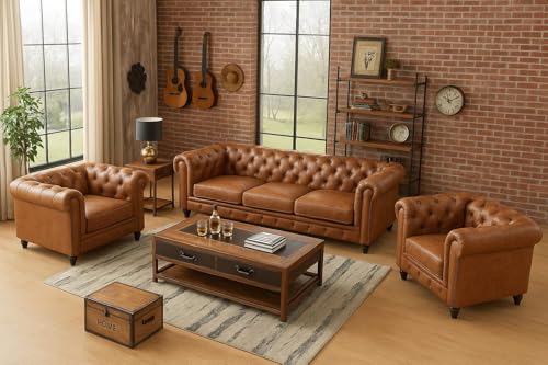 Image of Classic Leatherette Chester Sofa Set Button Tufted, Classic Style Sofa Set 3-Person Sofa for Living Room, Office, and Hallway Colour (Brown Leatherette, 3+1+1= 5 Seater Sofa)