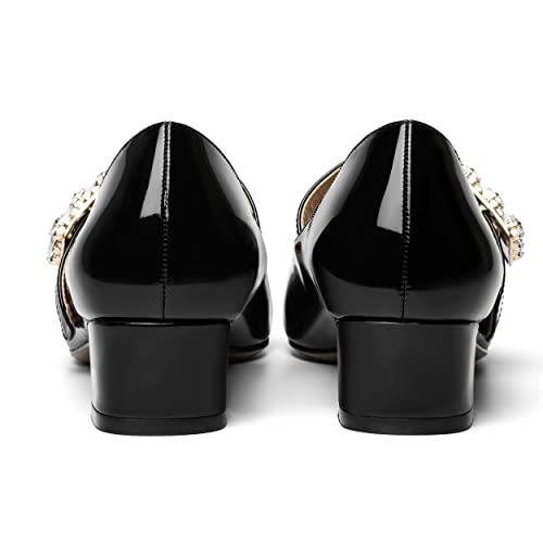 NUMALEO Womens Rhinestone Ankle Strap Wedding Dress Square Toe Patent Bungee Solid Chunky Low Heel Pumps Shoes 1.5 Inch4